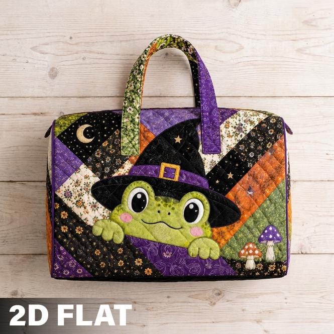 Personalized Halloween Frog Quilted Travel Bag, Witchy Patchwork Carryall, Pumpkin Travel Bag, Spooky Bag, Autumn Shopper, Gift 2026