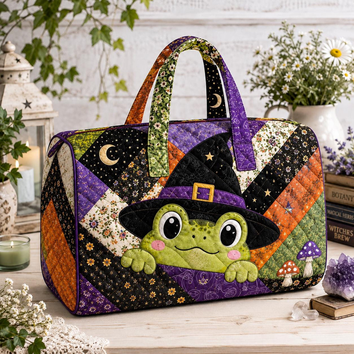 Personalized Halloween Frog Quilted Travel Bag, Witchy Patchwork Carryall, Pumpkin Travel Bag, Spooky Bag, Autumn Shopper, Gift 2026