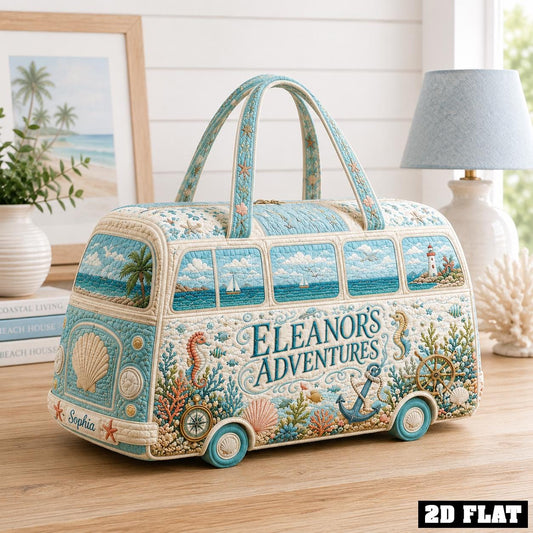 Personalized Coastal Camper Duffle Bag, Custom Name Quilted Travel Tote, Beach Vacation Carryall, Ocean Lover Gift 2026, Seaside Weekender