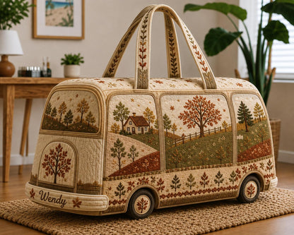Personalized Autumn Camper Duffle Bag, Custom Name Quilted Travel Tote, Cozy Fall Road Trip Carryall, Gift 2026, Weekender Travel Bag