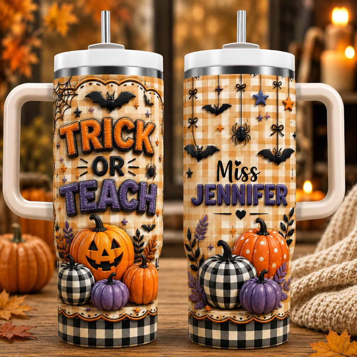 Halloween Teacher Tumbler 40oz, Personalized Teacher Name Cup, Trick Or Teach Tumbler, Fall Teacher Gift