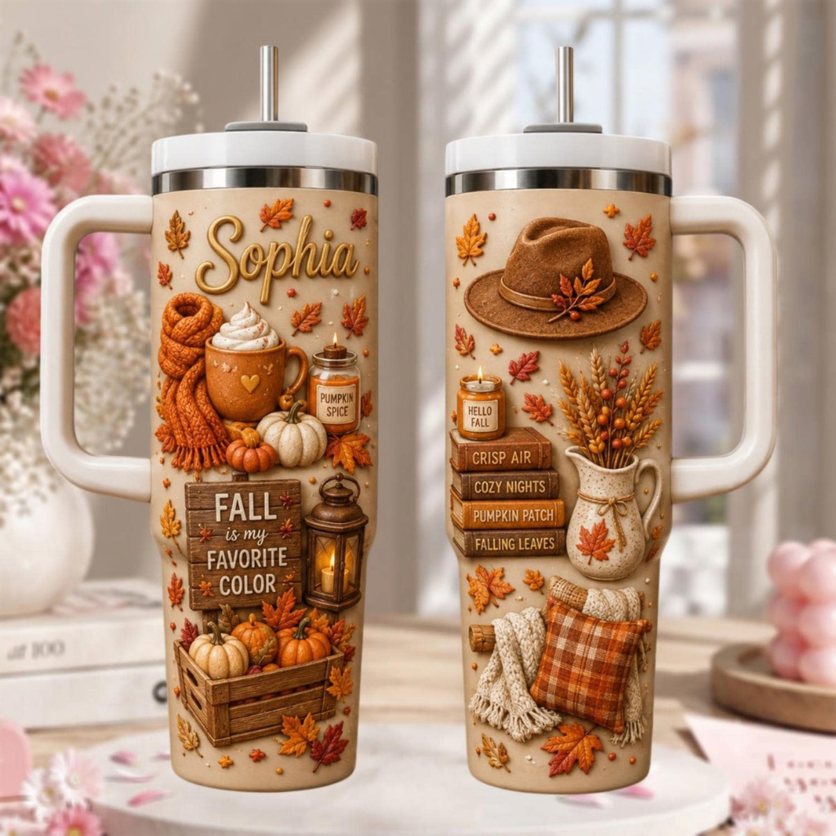 Personalized Fall Tumbler 40oz, Custom Name Fall Cup, Pumpkin Spice Tumbler, Cozy Autumn Gift, Thanksgiving Gift