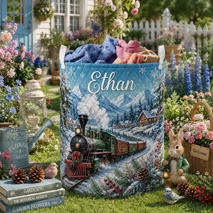 Personalized Christmas Laundry Basket, Winter Train Quilt Laundry, Holiday Nursery Decor, Gift 2026, Custom Name Blanket Hamper Basket