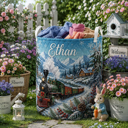 Personalized Christmas Laundry Basket, Winter Train Quilt Laundry, Holiday Nursery Decor, Gift 2026, Custom Name Blanket Hamper Basket