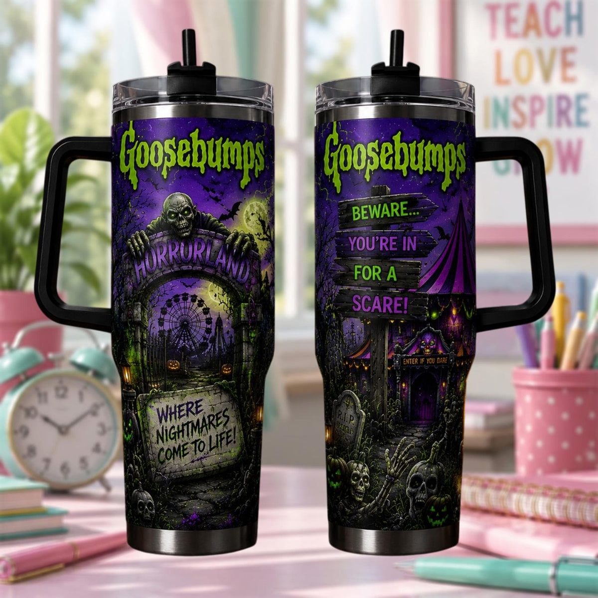 Personalized Halloween Horror Tumbler 40oz, Spooky Haunted Graveyard Cup, Creepy Halloween Travel Mug