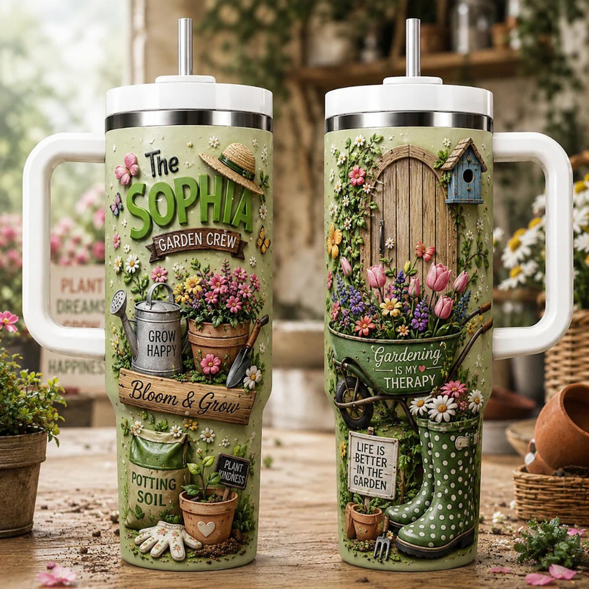 Personalized Gardening Tumbler 40oz, Custom Garden Name Cup With Handle, Floral Gardener Tumbler, Plant Lover Gift