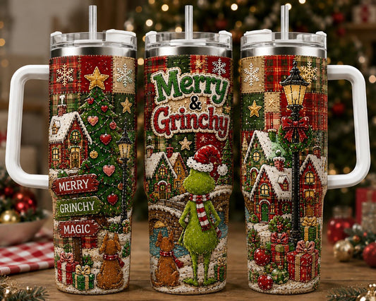 Personalized Christmas Tumbler 40oz, Merry Grinchy Christmas Cup, Green Christmas Character Tumbler, Holiday Travel Mug