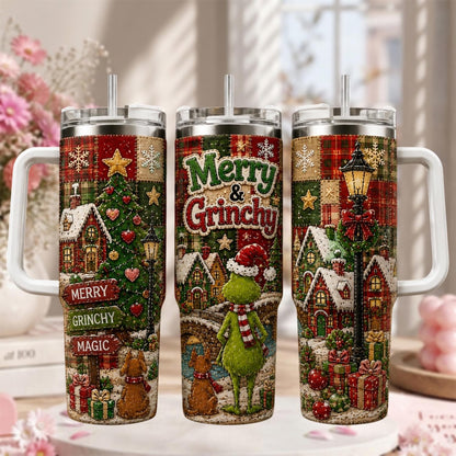 Personalized Christmas Tumbler 40oz, Merry Grinchy Christmas Cup, Green Christmas Character Tumbler, Holiday Travel Mug