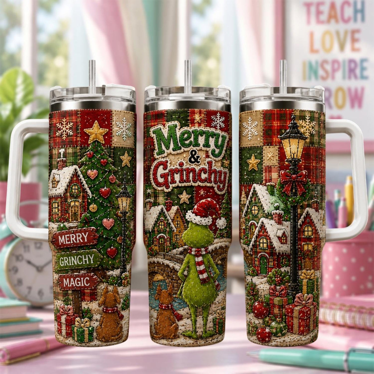 Personalized Christmas Tumbler 40oz, Merry Grinchy Christmas Cup, Green Christmas Character Tumbler, Holiday Travel Mug