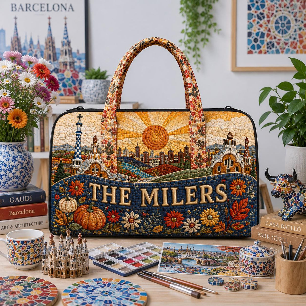 Personalized Barcelona Travel Bag, Floral Quilted Carryall, Cityscape Art Tote, Custom Family Name Gift 2026, Birthday Gift For Her, Travel