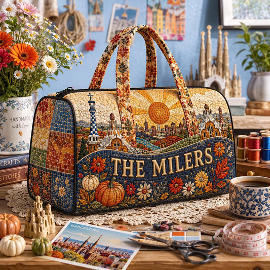 Personalized Barcelona Travel Bag, Floral Quilted Carryall, Cityscape Art Tote, Custom Family Name Gift 2026, Birthday Gift For Her, Travel