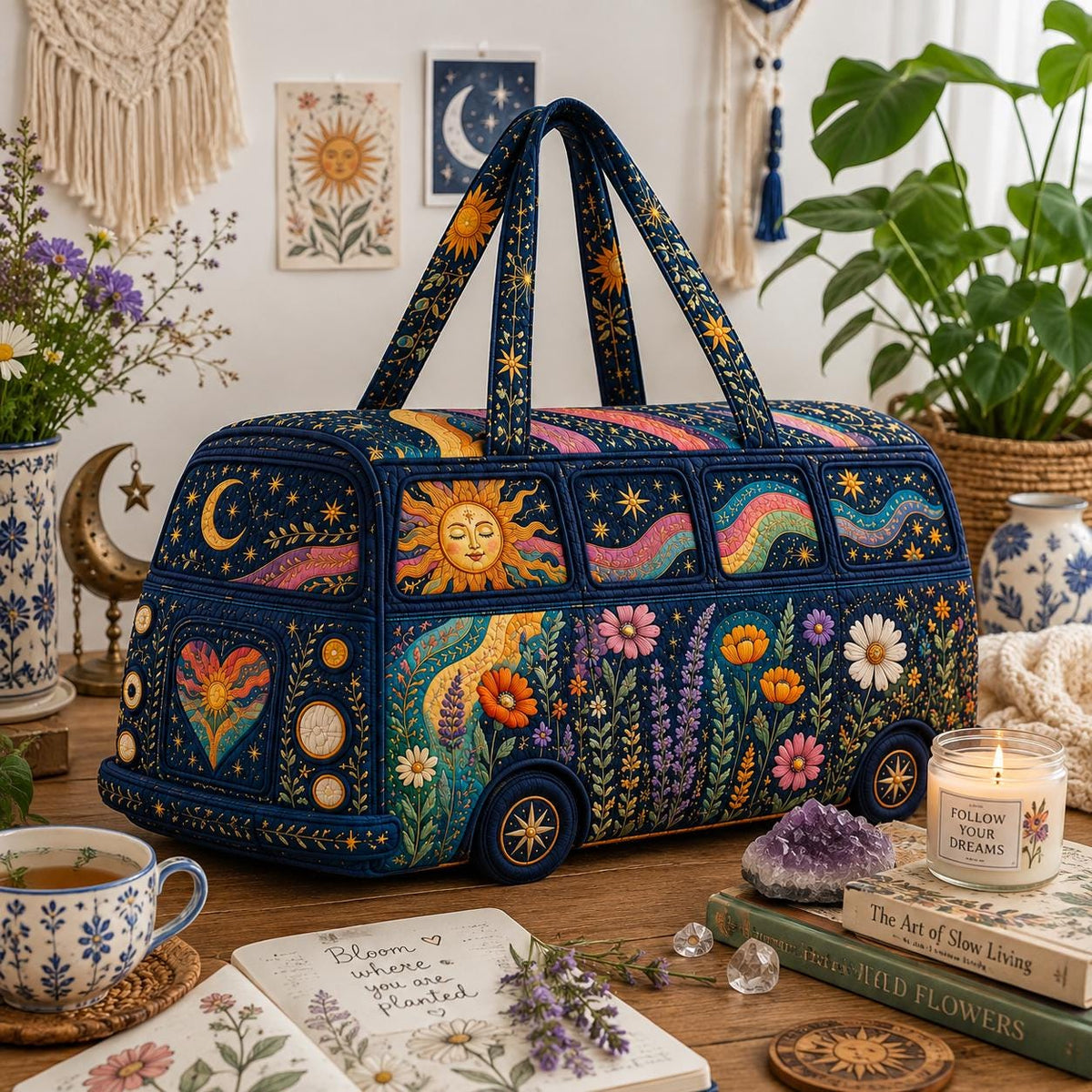Boho Celestial Camper Bag, Floral Moon Sun Travel Tote, Quilted Road Trip Carryall, Nature Lover Gift 2026, Birthday Gift For Her, Handmade