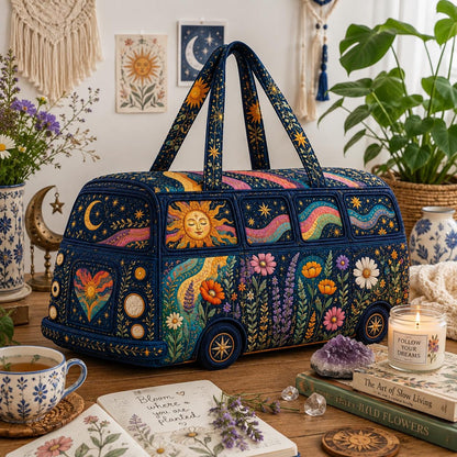 Boho Celestial Camper Bag, Floral Moon Sun Travel Tote, Quilted Road Trip Carryall, Nature Lover Gift 2026, Birthday Gift For Her, Handmade