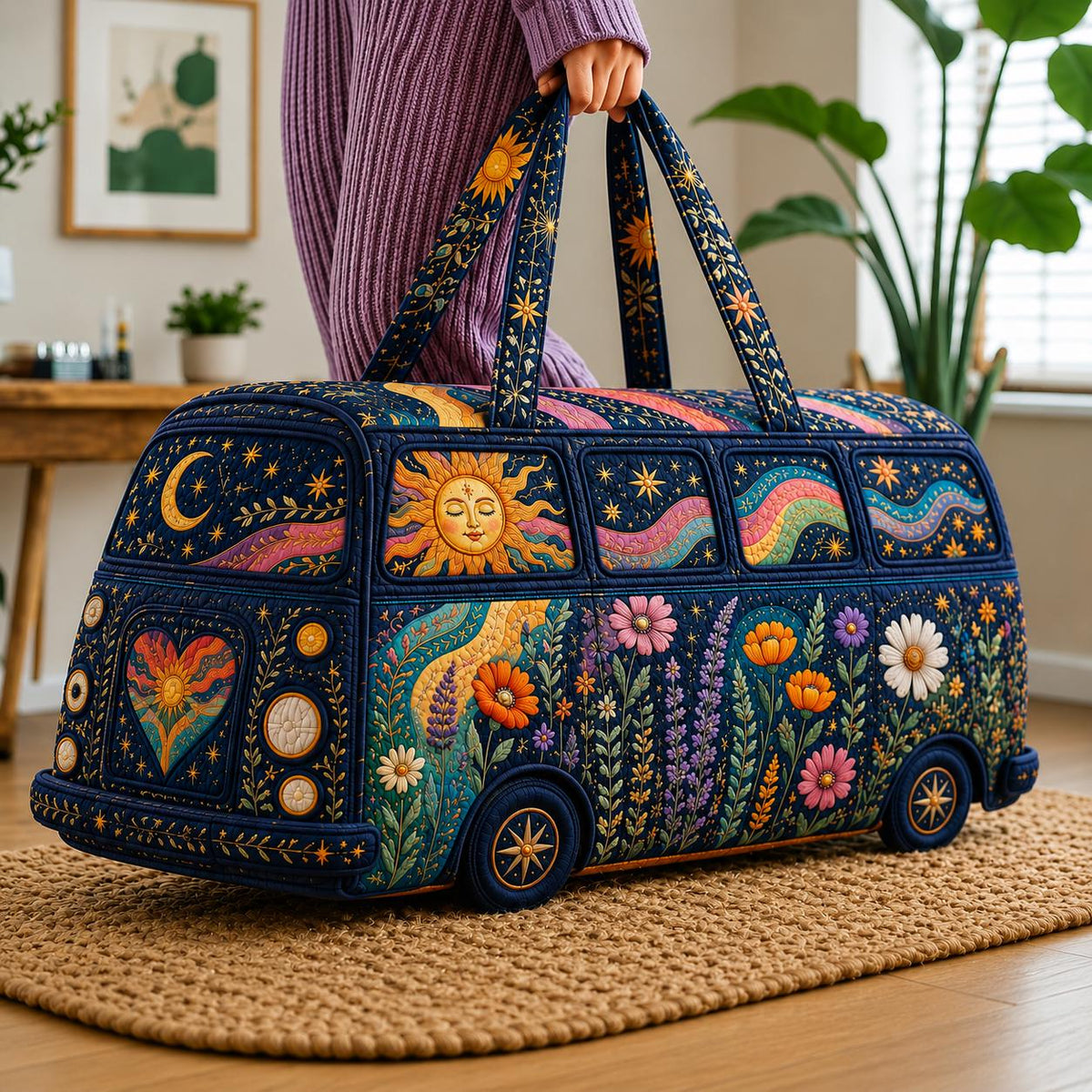 Boho Celestial Camper Bag, Floral Moon Sun Travel Tote, Quilted Road Trip Carryall, Nature Lover Gift 2026, Birthday Gift For Her, Handmade