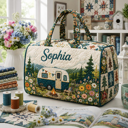 Personalized Camper Travel Bag, Floral Quilted Duffle, Custom Name Camping Carryall, Road Trip Gift 2026, Birthday Gift For Her, Adventure