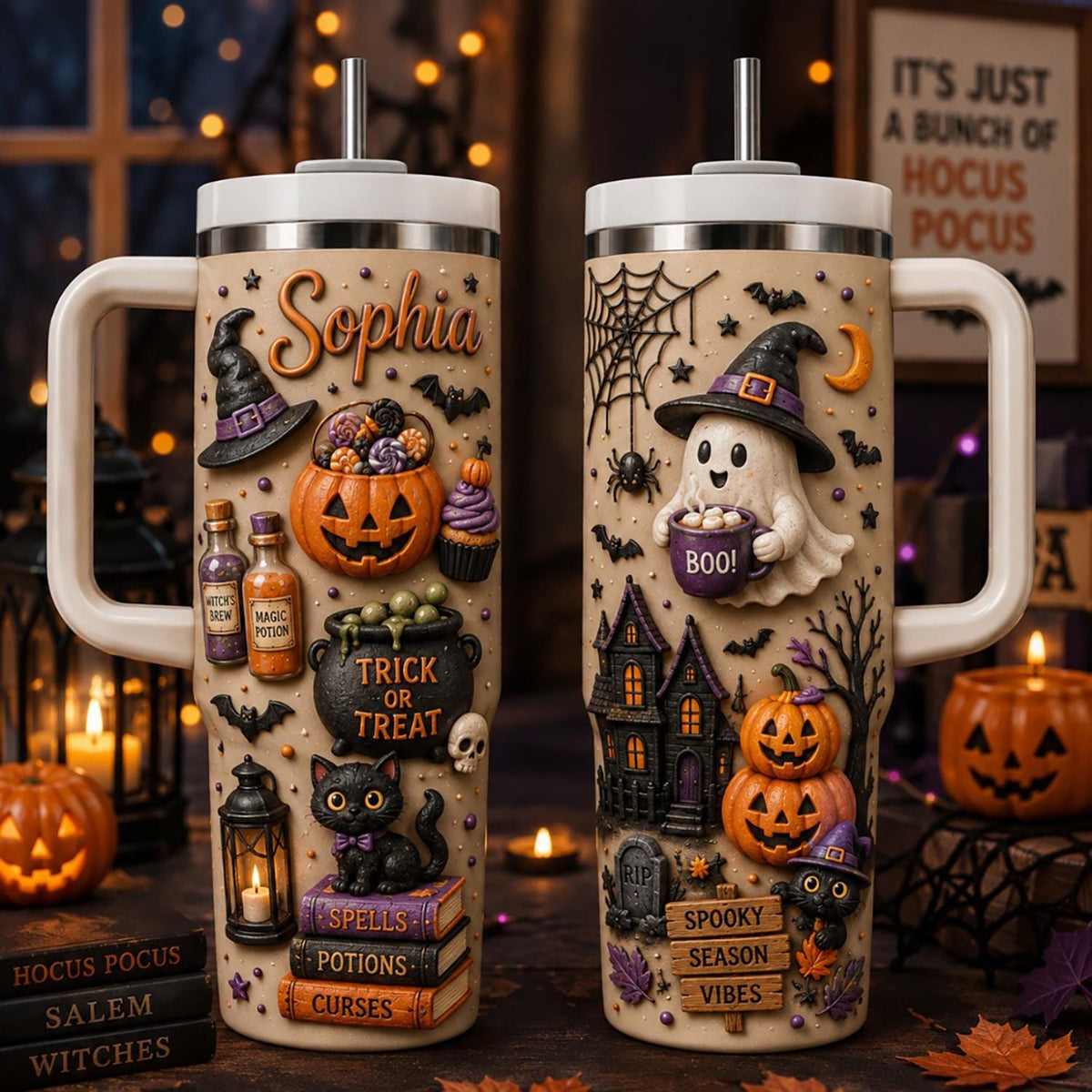 Personalized Halloween Tumbler 40oz, Custom Name Halloween Cup, Spooky Witch Tumbler, Cute Halloween Gif