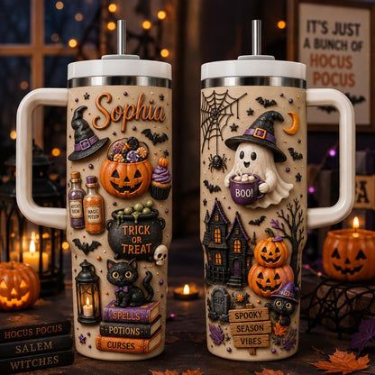 Personalized Halloween Tumbler 40oz, Custom Name Halloween Cup, Spooky Witch Tumbler, Cute Halloween Gif