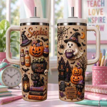 Personalized Halloween Tumbler 40oz, Custom Name Halloween Cup, Spooky Witch Tumbler, Cute Halloween Gif