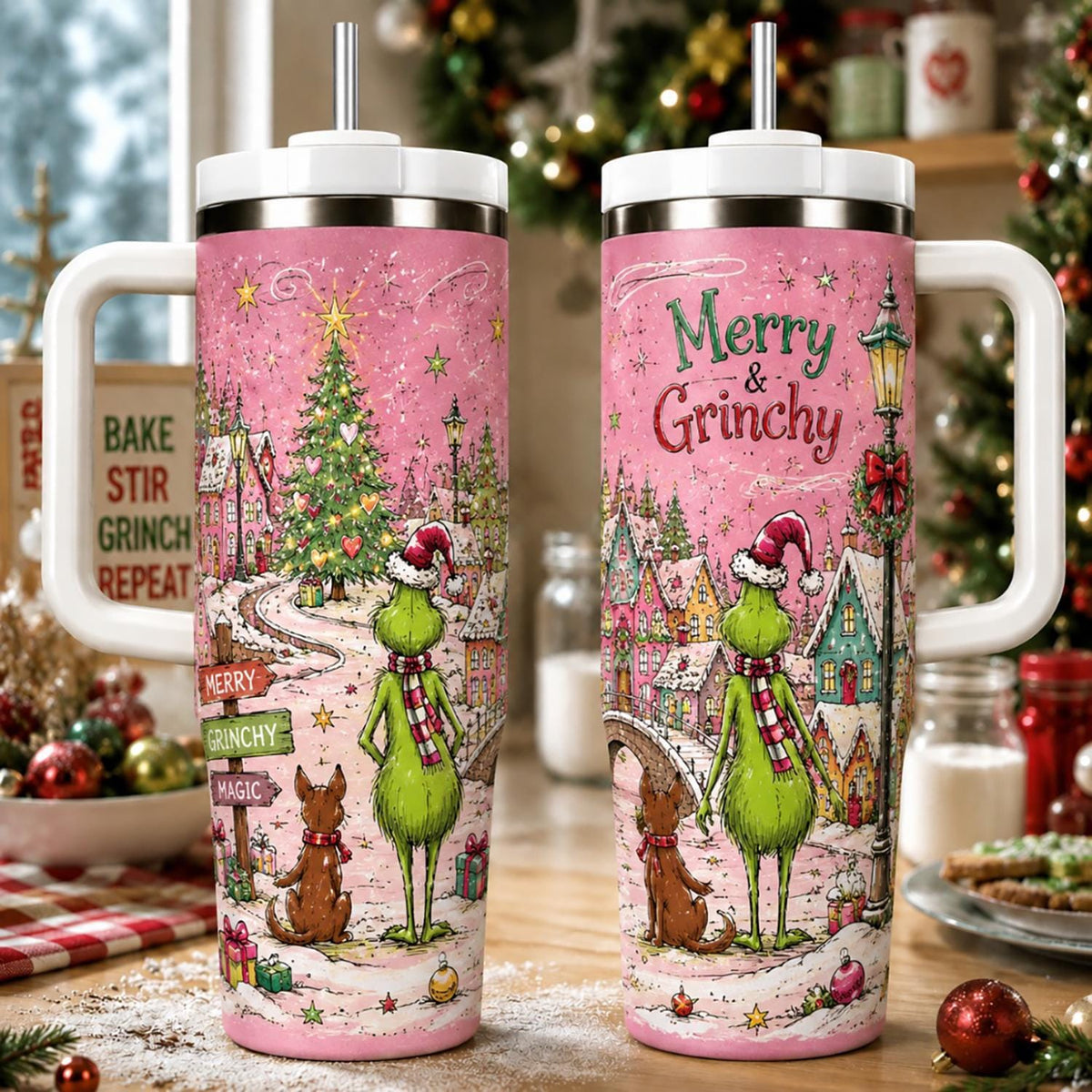 Personalized Christmas Tumbler 40oz, Custom Grin Name Cup, Pink Christmas Tumbler, Cute Grinchmas Gift