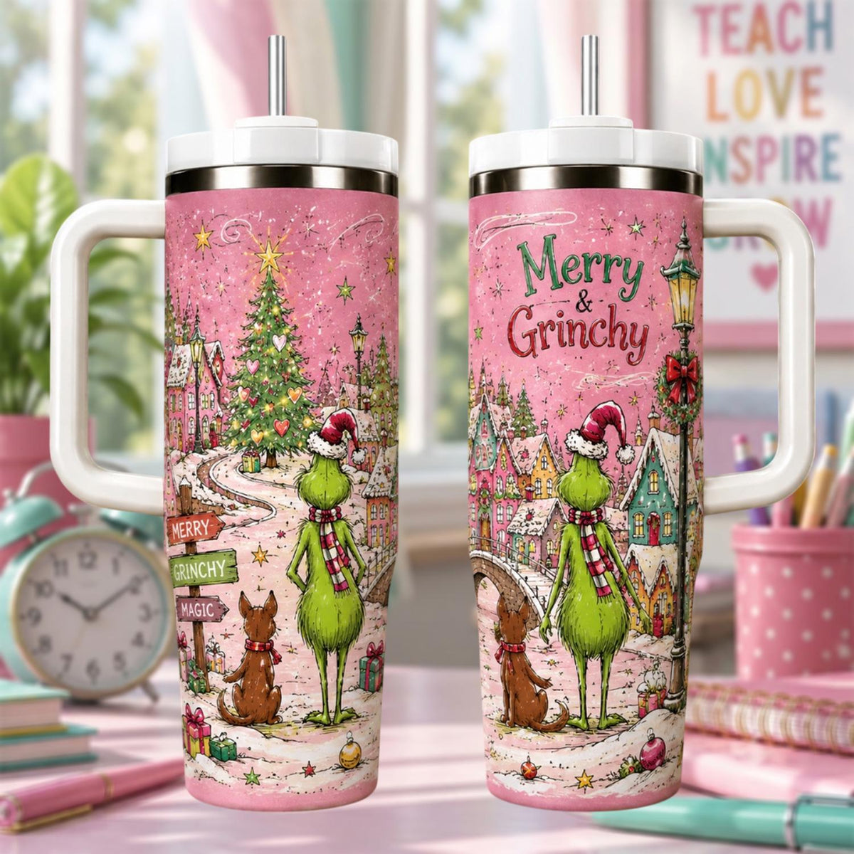 Personalized Christmas Tumbler 40oz, Custom Grin Name Cup, Pink Christmas Tumbler, Cute Grinchmas Gift