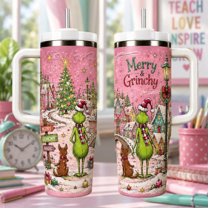 Personalized Christmas Tumbler 40oz, Custom Grin Name Cup, Pink Christmas Tumbler, Cute Grinchmas Gift