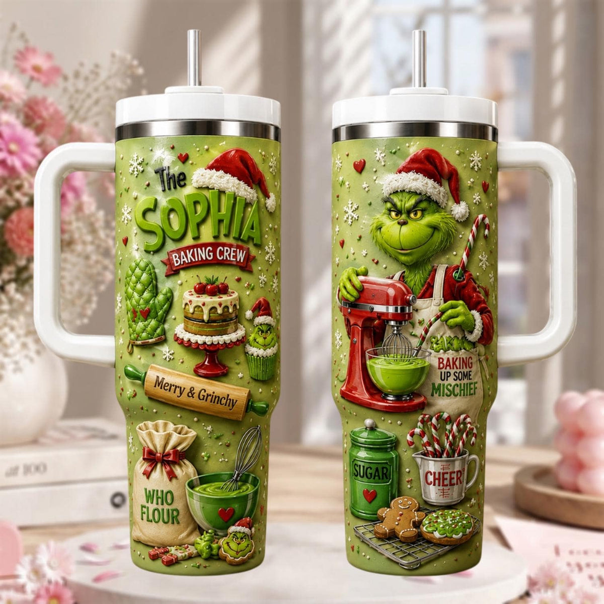Personalized Grin Baking Tumbler 40oz, Christmas Tumbler, Custom Name Baker Cup, Funny Holiday Baking Gift, Green Lover Gift
