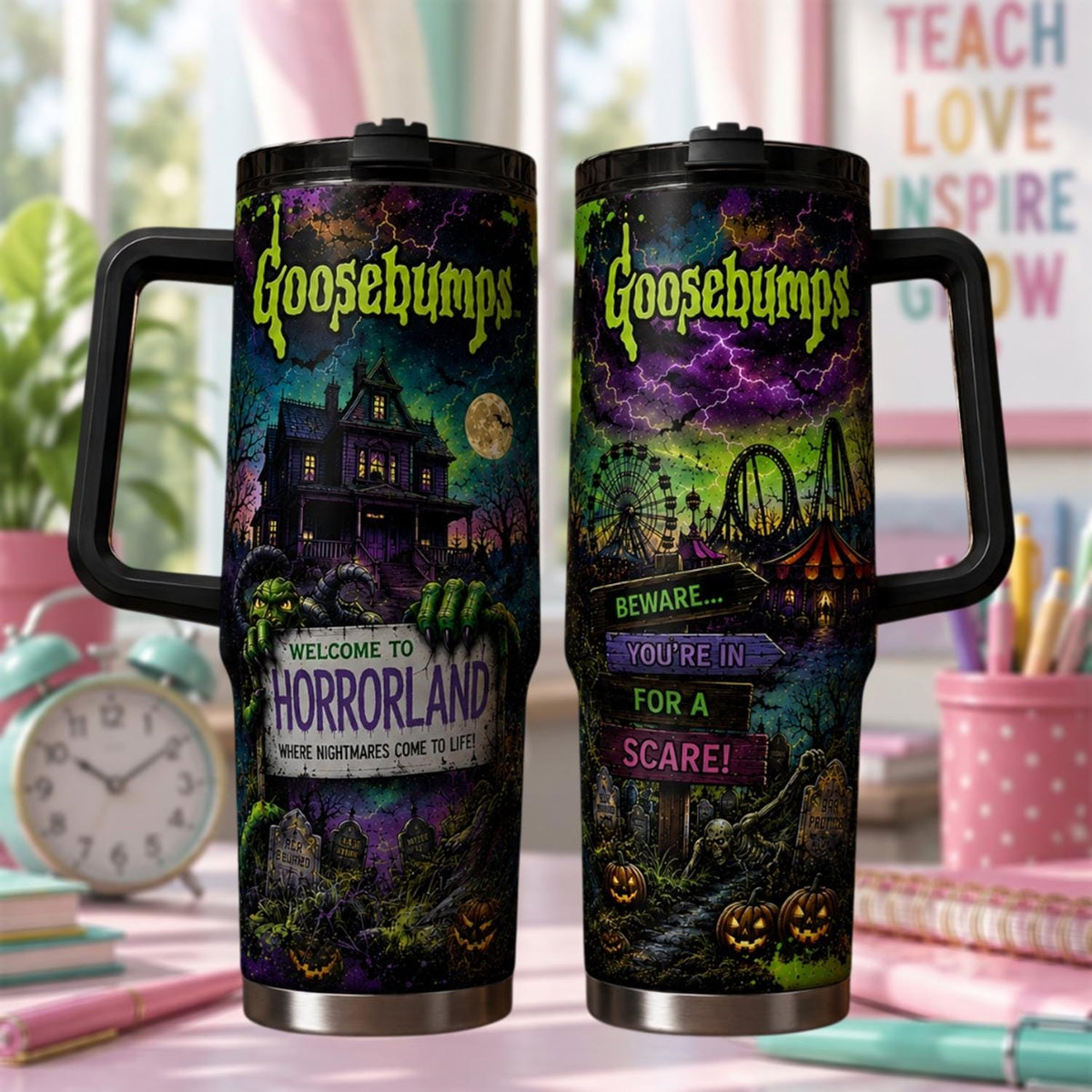 Personalized Goose-bumps Horror Tumbler 40oz, Custom Name Halloween Cup, Spooky Horror Lover Gift, Halloween Gift
