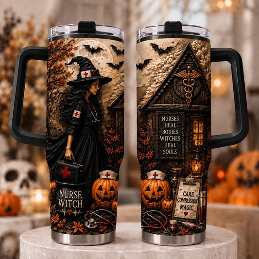 Personalized Halloween Nurse Tumbler 40oz, Nurse Tumbler With Handle, Custom Name Medical Cup, Gothic Nurse Halloween Gift