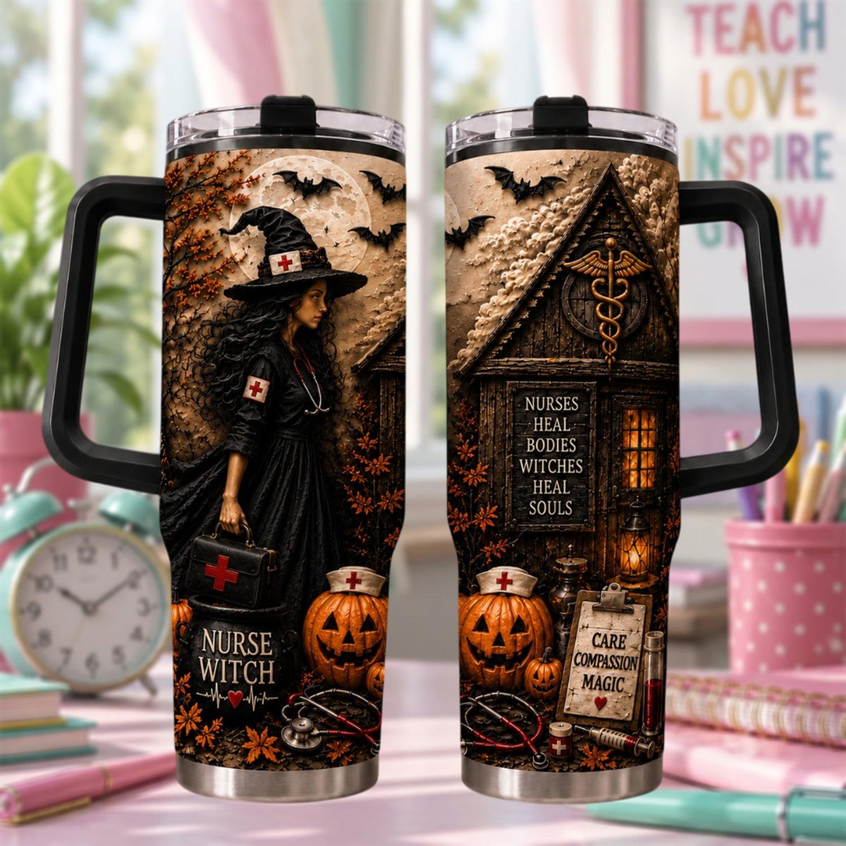 Personalized Halloween Nurse Tumbler 40oz, Nurse Tumbler With Handle, Custom Name Medical Cup, Gothic Nurse Halloween Gift
