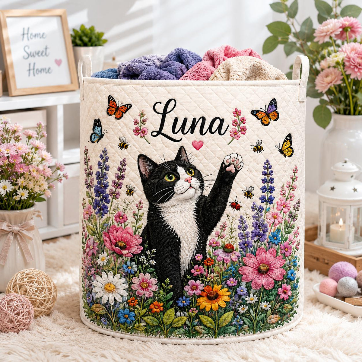 Personalized Cat Laundry Basket, Custom Pet Name Laundry, Floral Kitty Nursery Decor, Cat Lover Gift, Bedroom Organizer, Home Gift 2026
