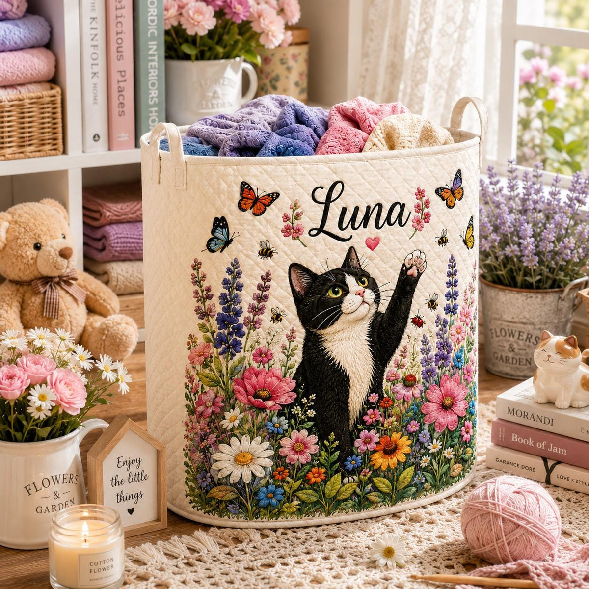 Personalized Cat Laundry Basket, Custom Pet Name Laundry, Floral Kitty Nursery Decor, Cat Lover Gift, Bedroom Organizer, Home Gift 2026