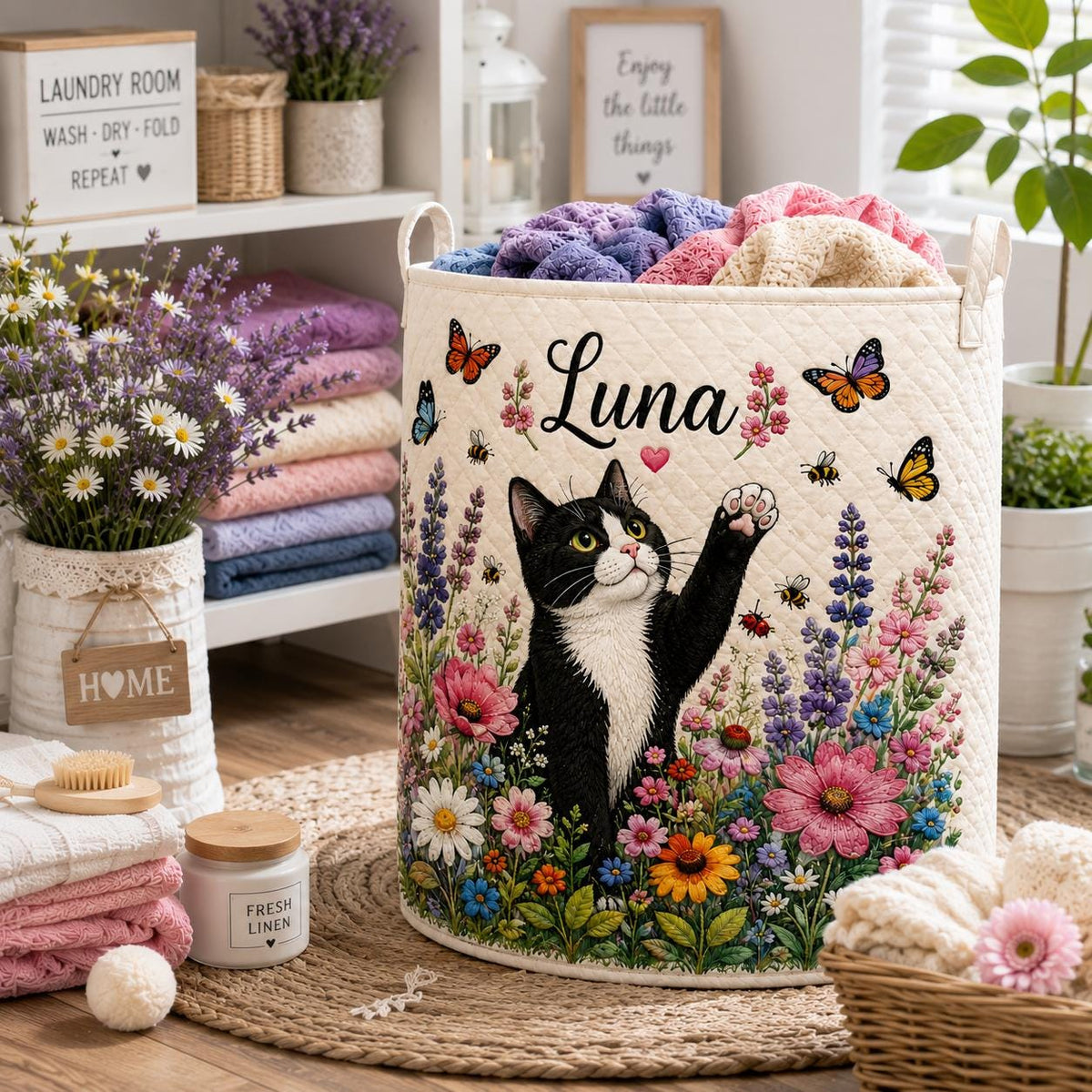 Personalized Cat Laundry Basket, Custom Pet Name Laundry, Floral Kitty Nursery Decor, Cat Lover Gift, Bedroom Organizer, Home Gift 2026