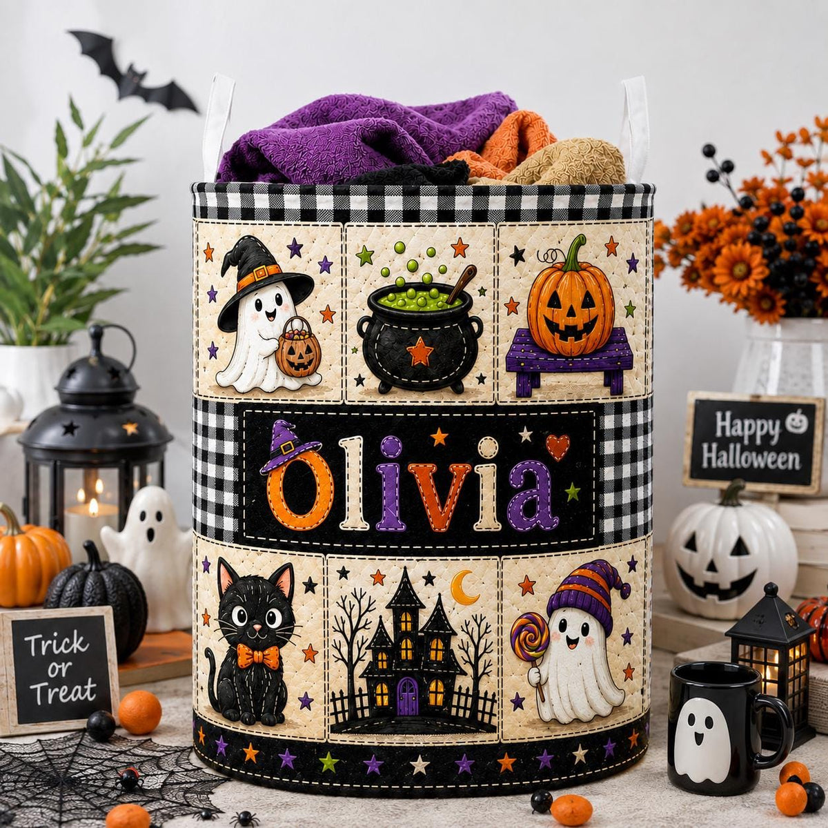 Personalized Halloween Laundry Basket, Custom Name Trick Or Treat, Ghost Pumpkin Cat Decor, Candy Holder, Fall Party Accent, Gift 2026