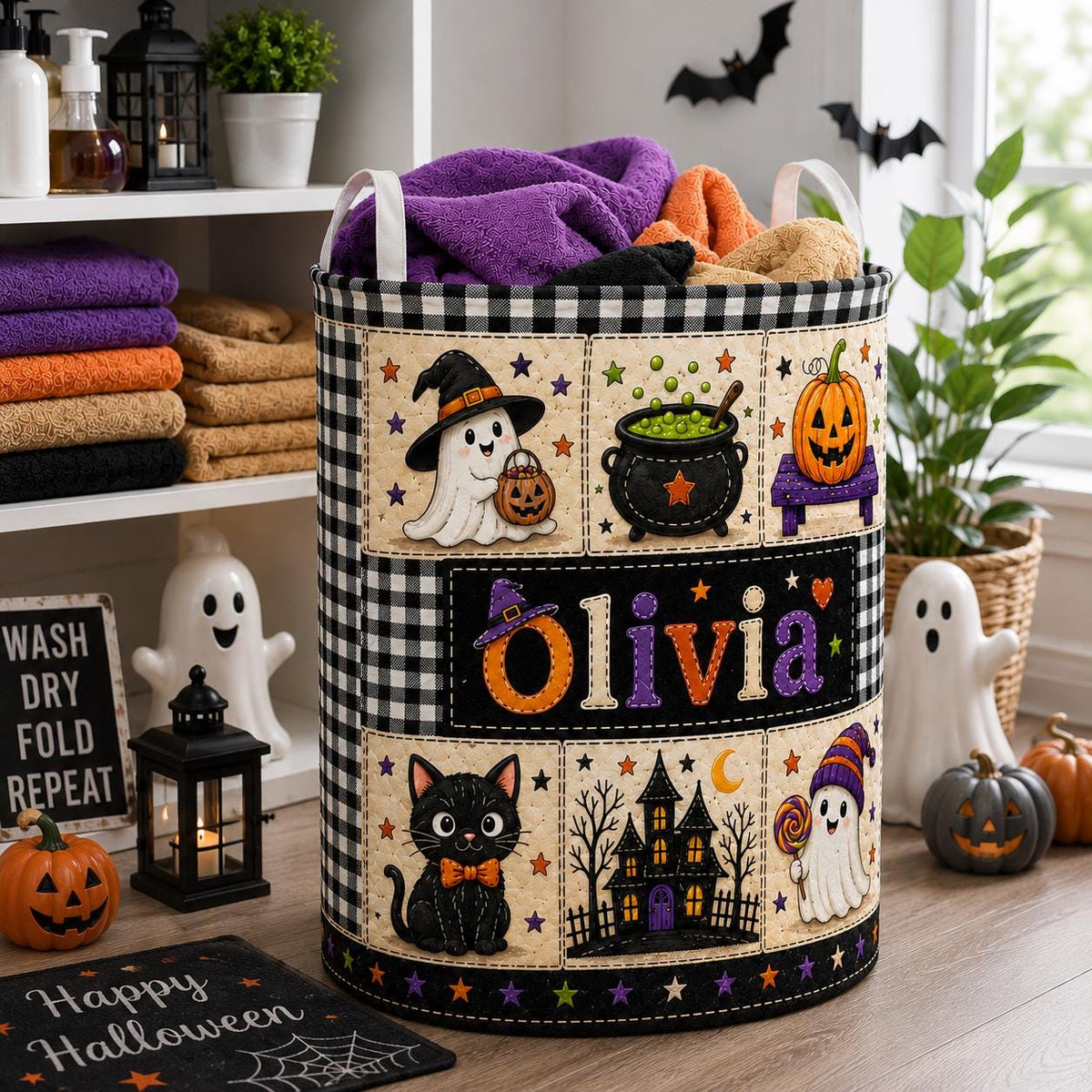 Personalized Halloween Laundry Basket, Custom Name Trick Or Treat, Ghost Pumpkin Cat Decor, Candy Holder, Fall Party Accent, Gift 2026