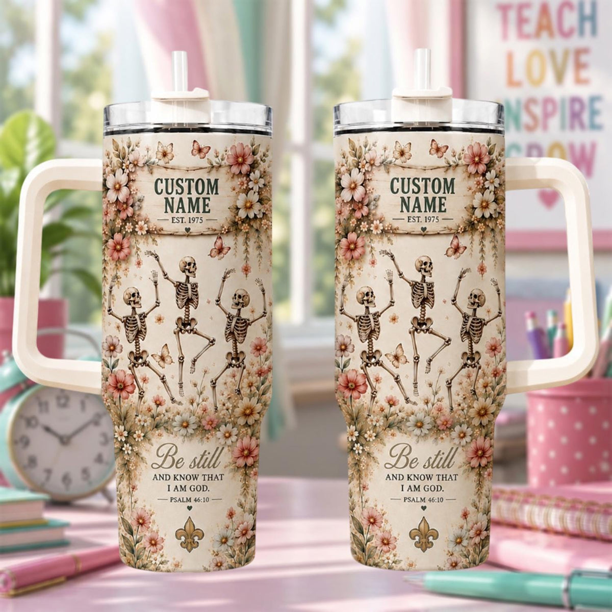 Personalized Skeleton Tumbler 40oz, Custom Floral Skeleton Cup, Christian Halloween Tumbler, Psalm 46:10 Gift