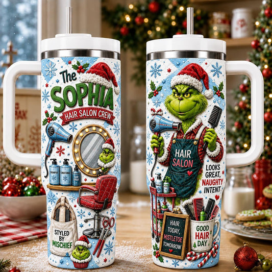 Personalized Hair Stylist Tumbler 40oz, Custom Name Grin Christmas Cup With Handle, Funny Hairdresser Tumbler