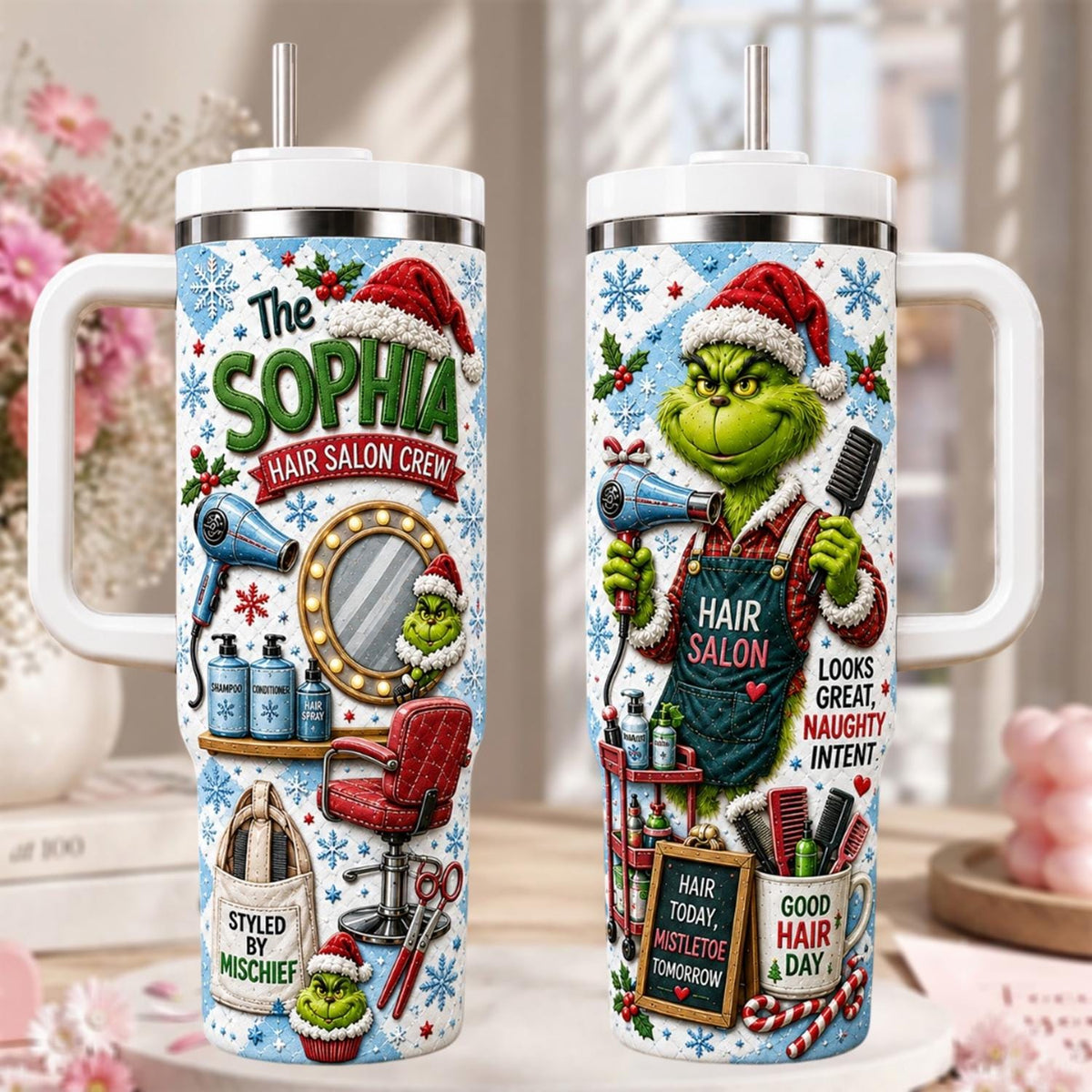Personalized Hair Stylist Tumbler 40oz, Custom Name Grin Christmas Cup With Handle, Funny Hairdresser Tumbler