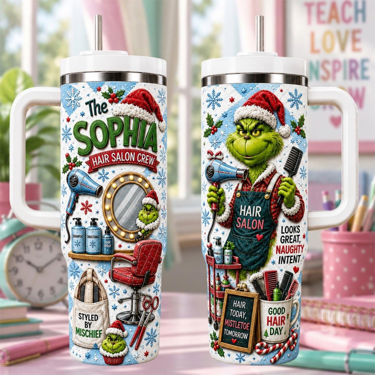 Personalized Hair Stylist Tumbler 40oz, Custom Name Grin Christmas Cup With Handle, Funny Hairdresser Tumbler