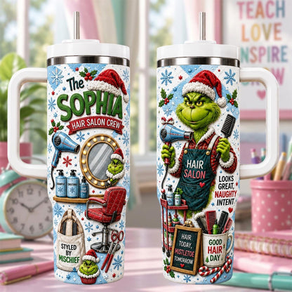 Personalized Hair Stylist Tumbler 40oz, Custom Name Grin Christmas Cup With Handle, Funny Hairdresser Tumbler