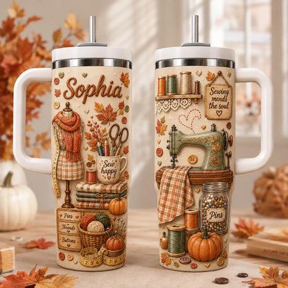 Personalized Sewing Tumbler 40oz, Custom Sewing Machine Cup, Seamstress Gift, Quilter Gift, Fall Craft Tumbler