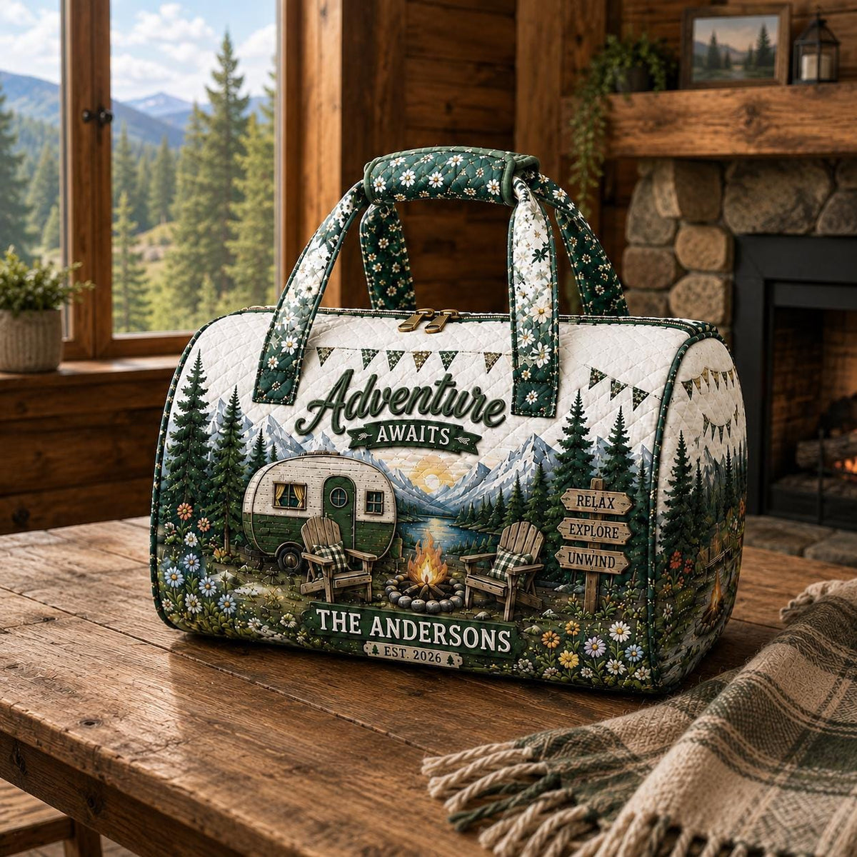 Personalized Camping Duffel Bag, Adventure Travel Weekender, Mountain Lake Outdoor Bag, Family Name Luggage, Nature Lover Gift, Gift 2026