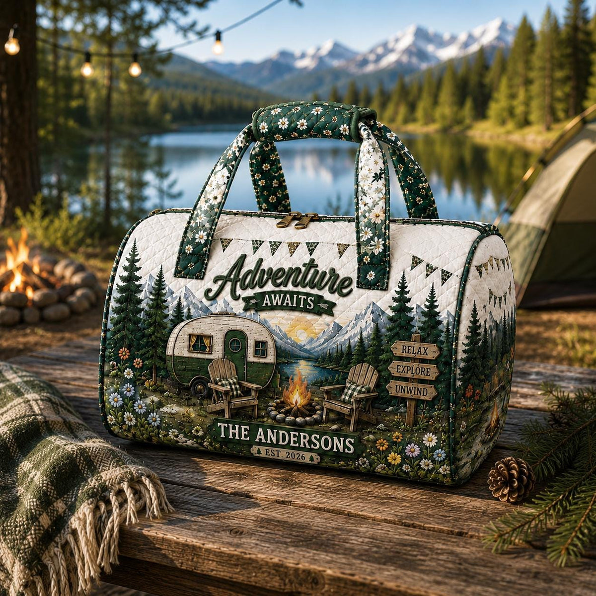 Personalized Camping Duffel Bag, Adventure Travel Weekender, Mountain Lake Outdoor Bag, Family Name Luggage, Nature Lover Gift, Gift 2026