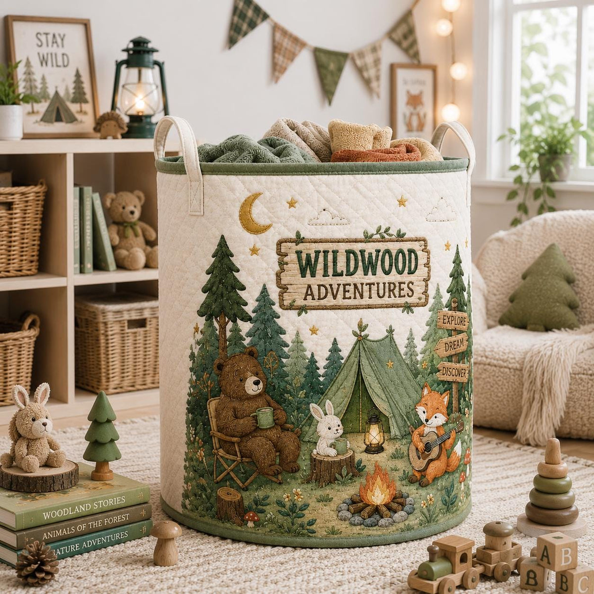 Personalized Woodland Laundry Basket, Camping Nursery Organizer, Forest Animal Toy Bin, Rustic Kids Room Decor, Custom Name Decor, Gift 2026