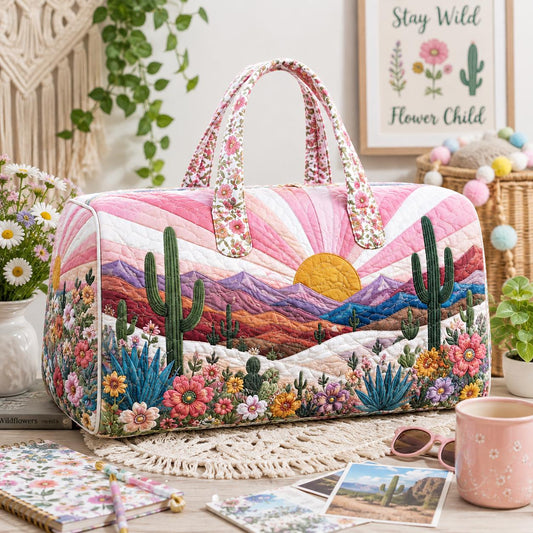 Floral Cactus Weekender Bag, Southwestern Travel Duffel, Quilted Overnight Bag, Desert Flower Carryall, Travel Gift 2026, Personalized Name