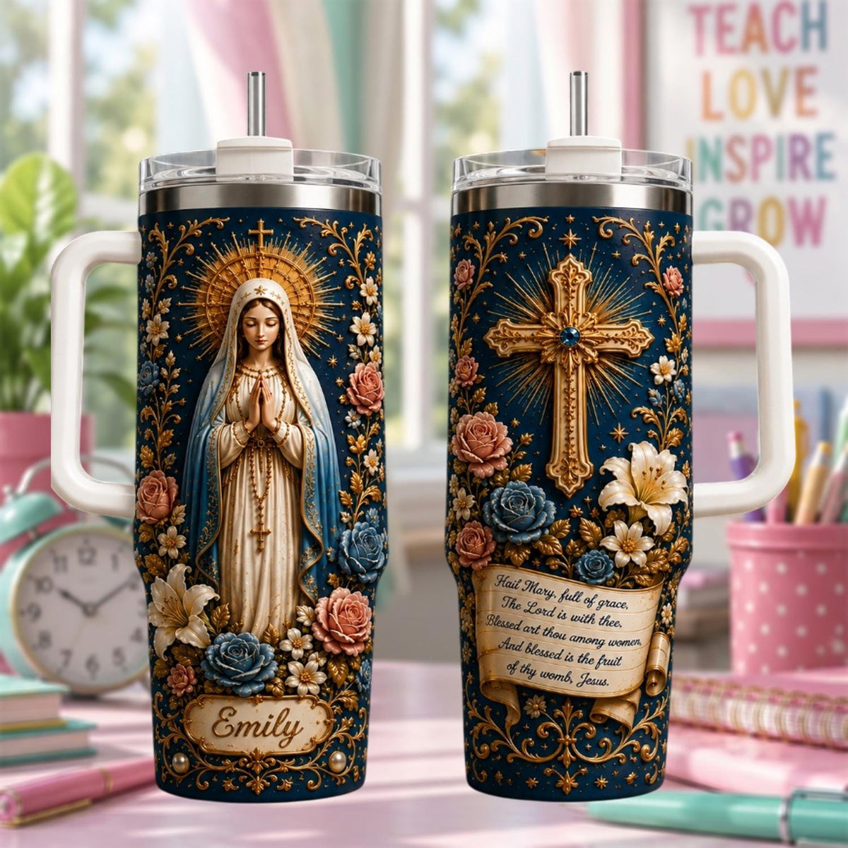 Personalized Catholic Tumbler 40oz, Virgin Mary Tumbler, Catholic Gift, Christian Prayer Cup, Religious Gift For Women