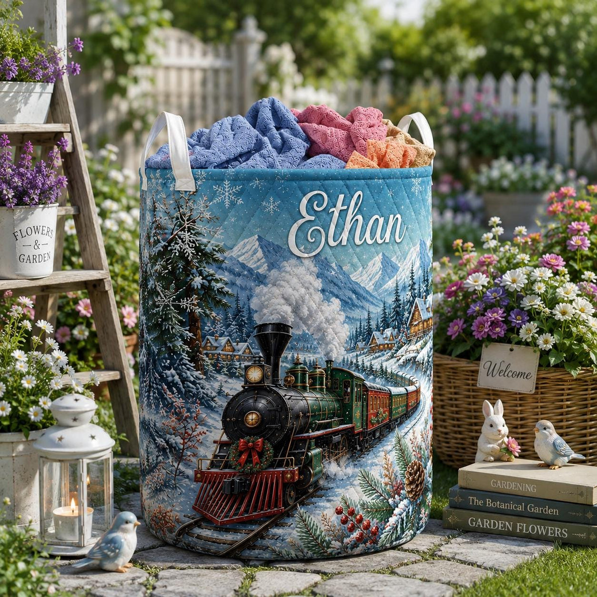 Personalized Christmas Laundry Basket, Winter Train Quilt Laundry, Holiday Nursery Decor, Gift 2026, Custom Name Blanket Hamper Basket