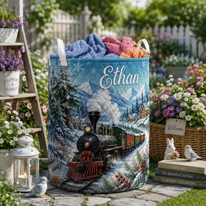 Personalized Christmas Laundry Basket, Winter Train Quilt Laundry, Holiday Nursery Decor, Gift 2026, Custom Name Blanket Hamper Basket