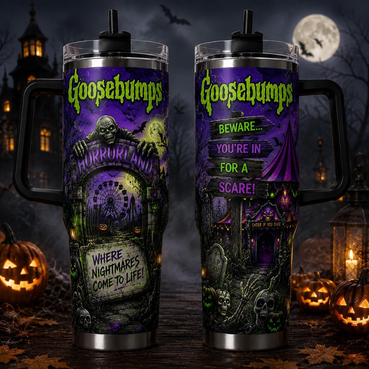 Personalized Halloween Horror Tumbler 40oz, Spooky Haunted Graveyard Cup, Creepy Halloween Travel Mug