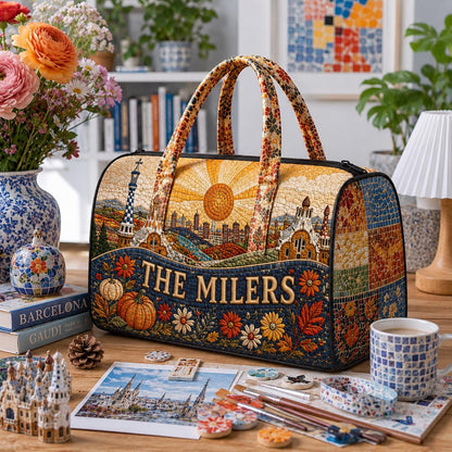 Personalized Barcelona Travel Bag, Floral Quilted Carryall, Cityscape Art Tote, Custom Family Name Gift 2026, Birthday Gift For Her, Travel
