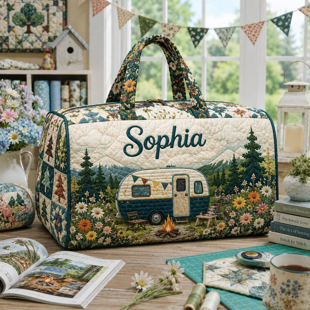 Personalized Camper Travel Bag, Floral Quilted Duffle, Custom Name Camping Carryall, Road Trip Gift 2026, Birthday Gift For Her, Adventure